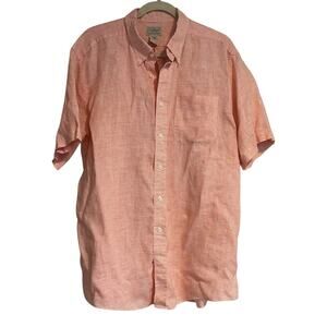 LL Bean Orange White Check Linen Button Down Shirt Mens Sz Large Short Sleeve